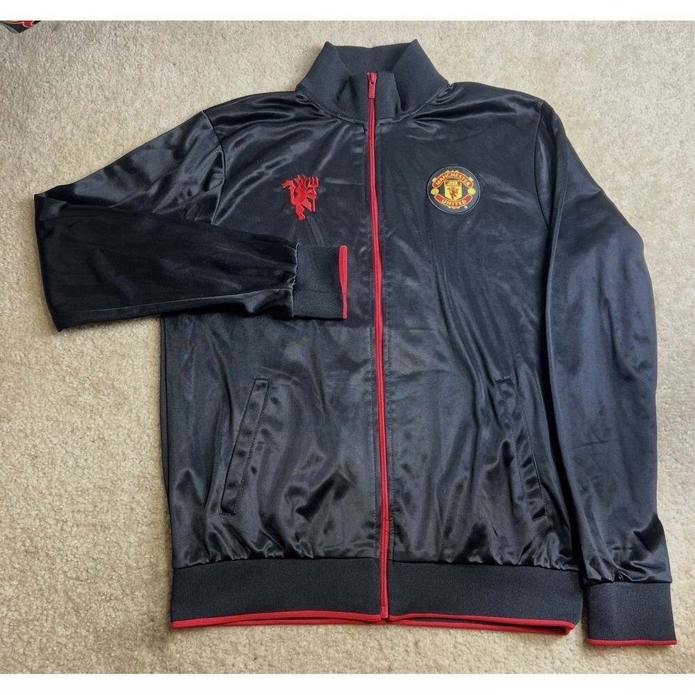 Manchester United Full Zip Track Jacket Mens Large Black‎ Red Devil Soccer Logo